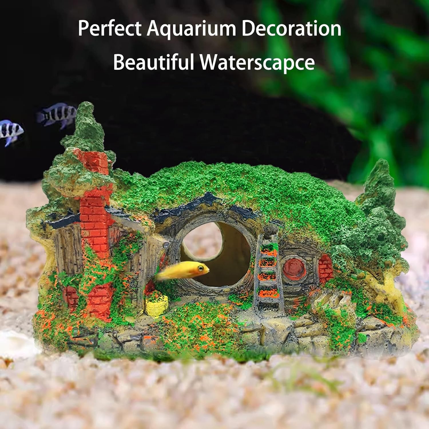 Tfwadmx Fish Tank Hobbit Decorations,Resin Small Fish Cave Hideout House,Aquarium Decor Hide Hole Shelter Castle Hut Ornaments Mini Garden Decorating Accessories