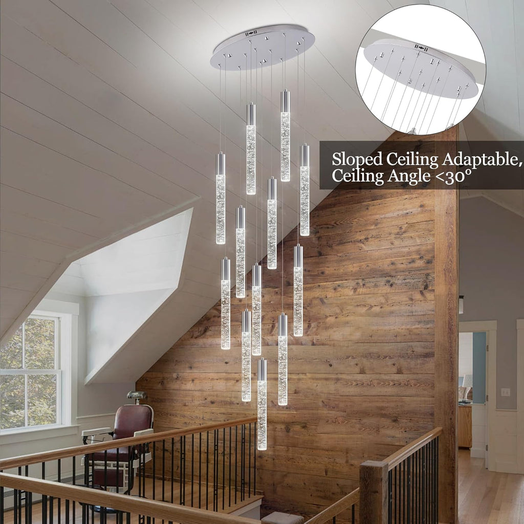Modern High Ceiling Crystal Chandelier 12-Lights, Large Spiral LED Raindrop Foyer Pendant Lighting, Bubble Staircase Living Room Hanging Light Fixture Flush Mount Chrome