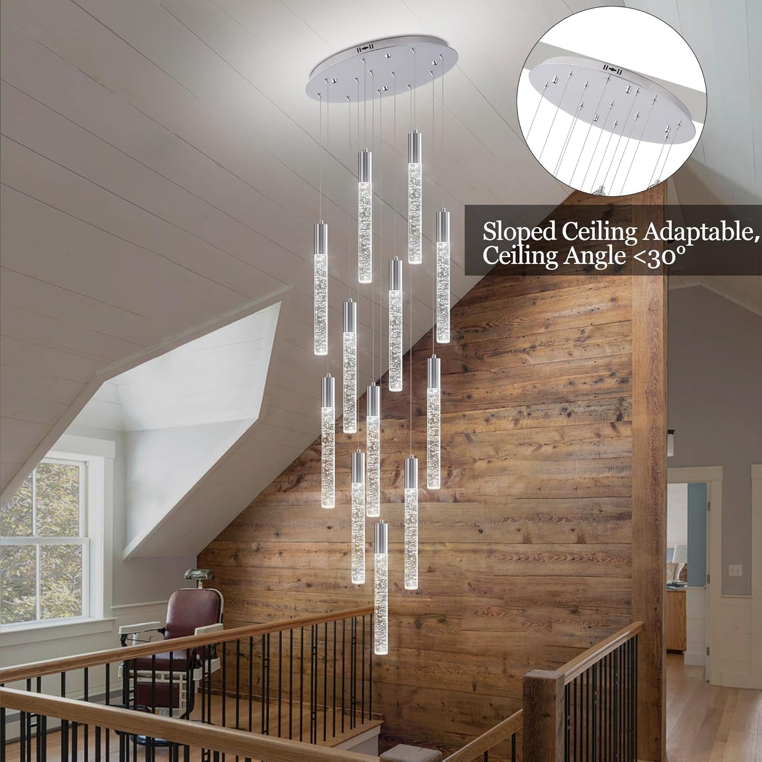 Modern High Ceiling Crystal Chandelier 12-Lights, Large Spiral LED Raindrop Foyer Pendant Lighting, Bubble Staircase Living Room Hanging Light Fixture Flush Mount Chrome