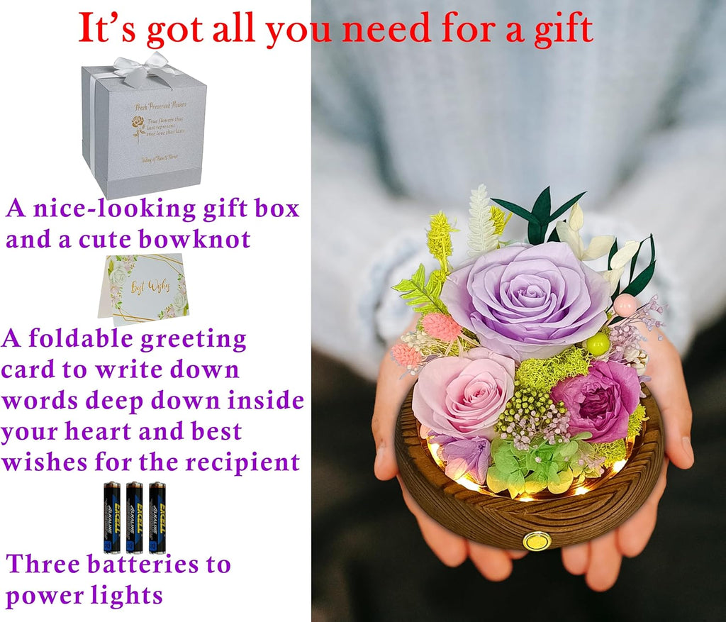 Valley of Rain & Forest Long-Lasting Real Flowers, Unique Floral Gift For you to send Love for All Occasions, for Indoor Decoration (Light-Purple Rose, Light-Pink & Purple-Pink Austin Roses)