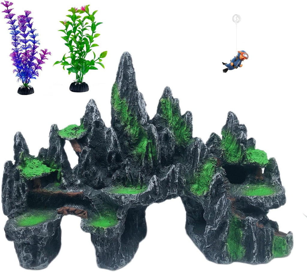 Extra Large Aquarium Decorations - Big Mountain View Ornaments, Come with 1 Little Diver and 2X 4inch Aquarium Plastic Plants