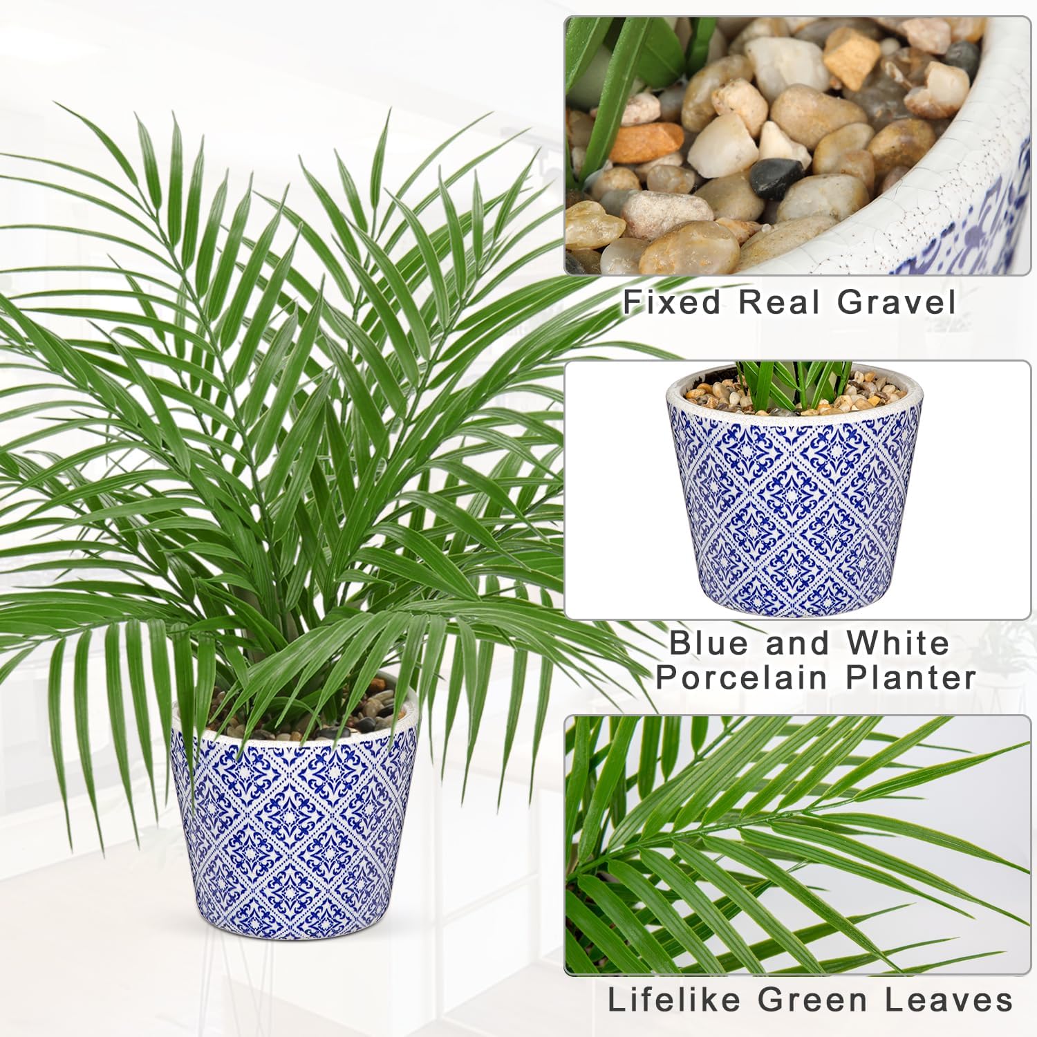 Hollyone Large Artificial Potted Plants Fake Palm Plants 16" Faux Green Plant Plastic Tropical Palm Tree in Blue and White Ceramic Pots Bohemian for Home Room Office House Indoor Decoration