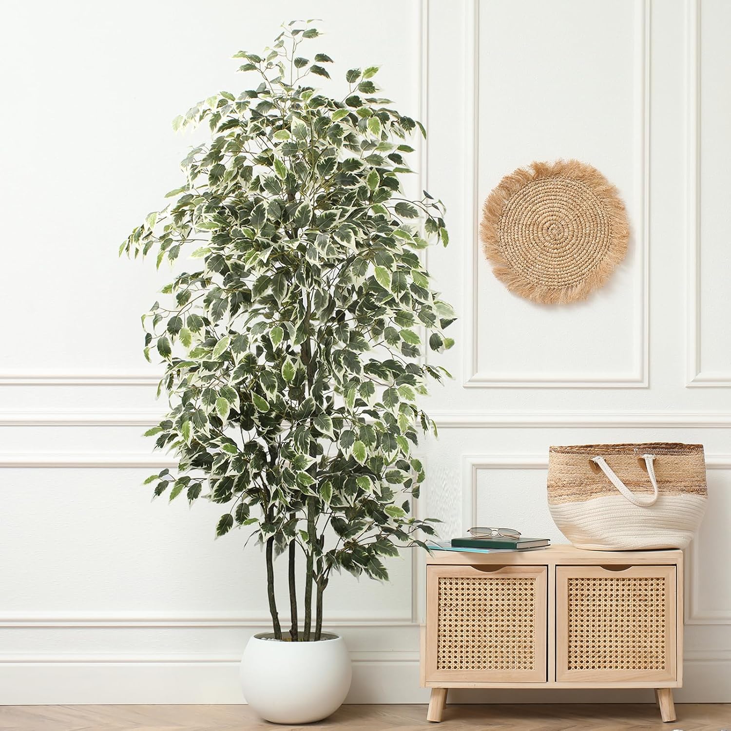 6 FT Artificial Ficus Tree 600 Leaves Faux Plants Indoor Tall with Black Pot Large Fake Tree for Home Office Living Room Decor