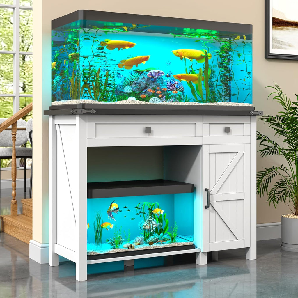 40 Gallon Fish Tank Stand with Power Outlets, Farmhouse Decorative Aquarium Stand Furniture with Adjustable Shelves and Storage Drawer, 30-40 Gallon Reptile Turtle Tank Stand(White, 30-40GL)