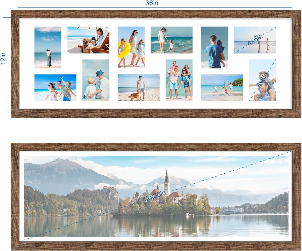 12x36 Picture Frame 2 Packs, Real Glass and Rustic Brown Wood Frame, Display Collage Pictures Twelve 4x6 With Mat or Pennant 12 x 36 Without Mat - Horizontal or Vertical Wall Mounting