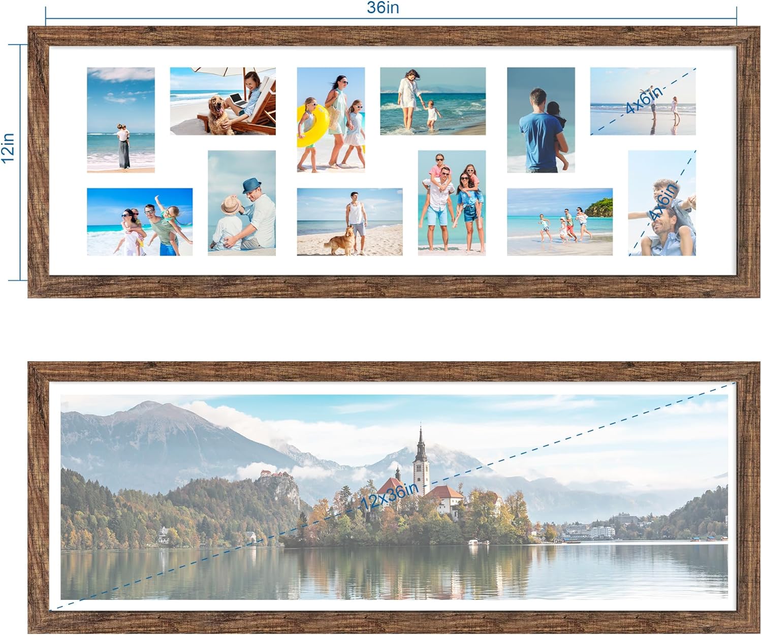 12x36 Picture Frame 2 Packs, Real Glass and Rustic Brown Wood Frame, Display Collage Pictures Twelve 4x6 With Mat or Pennant 12 x 36 Without Mat - Horizontal or Vertical Wall Mounting