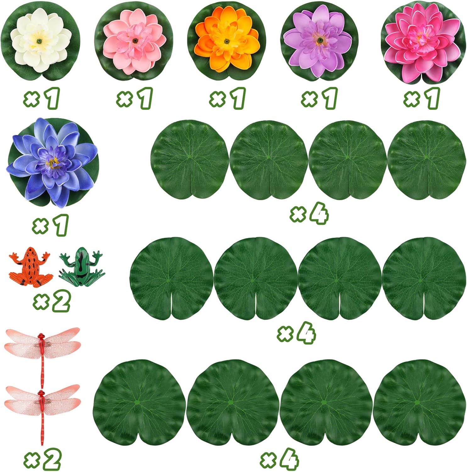 22 Pack Artificial Floating Foam Lotus Flowers with Artificial Frog Lotus Leaves, Lily Pads for Lake, Pond Plants Ornaments for Pool Water Decoration, Colorful