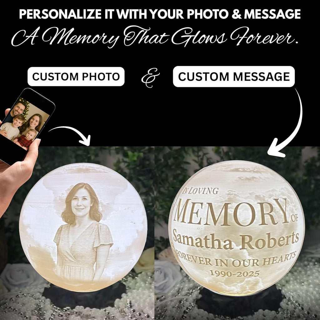 Angel Wings Memorial Moon Lamp with Custom Text or Photo – Personalized Remembrance Light for Loved Ones | Sympathy Gift, Bereavement Gift, Tribute Lamp with 3D Printed Moon Light