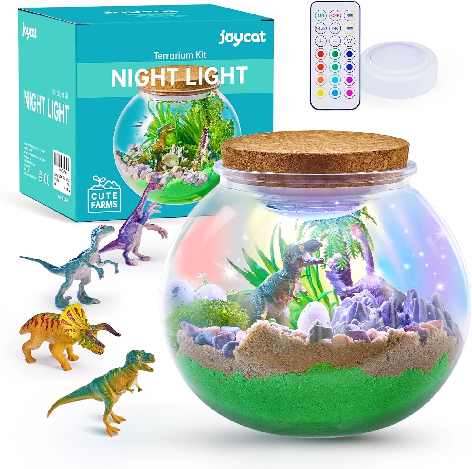 JoyCat Dinosaur Terrarium Kit Night Light for Kids,12 Colors+4 Dimmable Levels, Remote+Timer Press Night Light for Baby Nursery Lamp, Portable Toddler Lamp Gifts