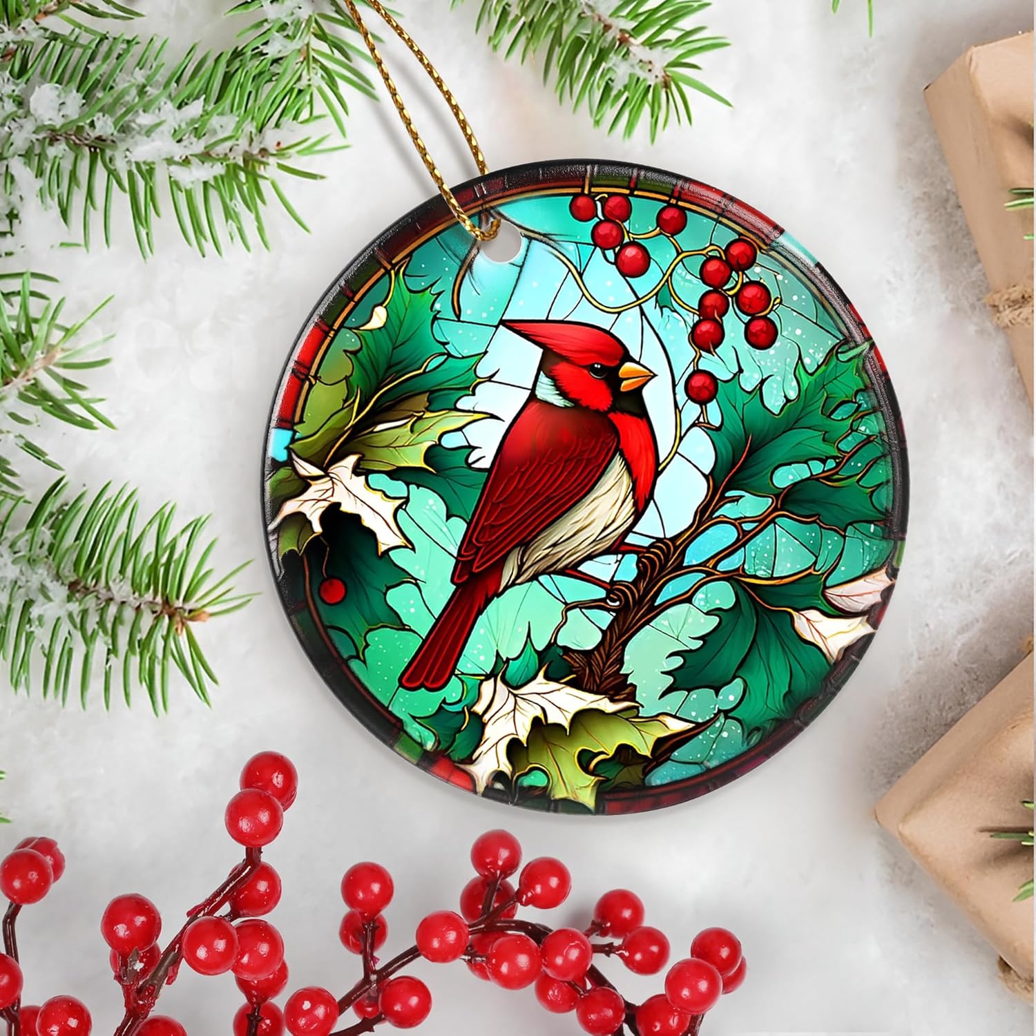 Touber Cardinal Ornament, Christmas Decoration, Holiday Present Idea, Heirloom Keepsake, Round Ceramic, Bauble Present, Cardinal