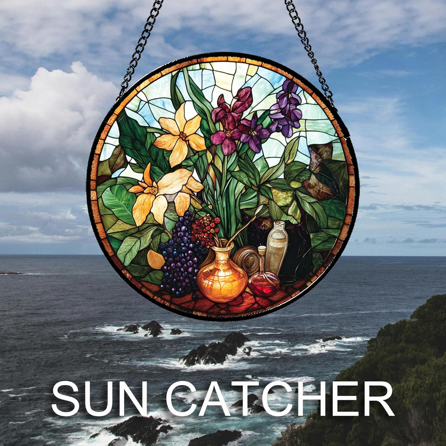 Stained Glass Window Hanging Berry Plant Purple Yellow Flowers in Vase 9.8" - Suncatcher Door Garden Sun Catcher Home Decor Birthday Christmas for Mom Men Woman Nana