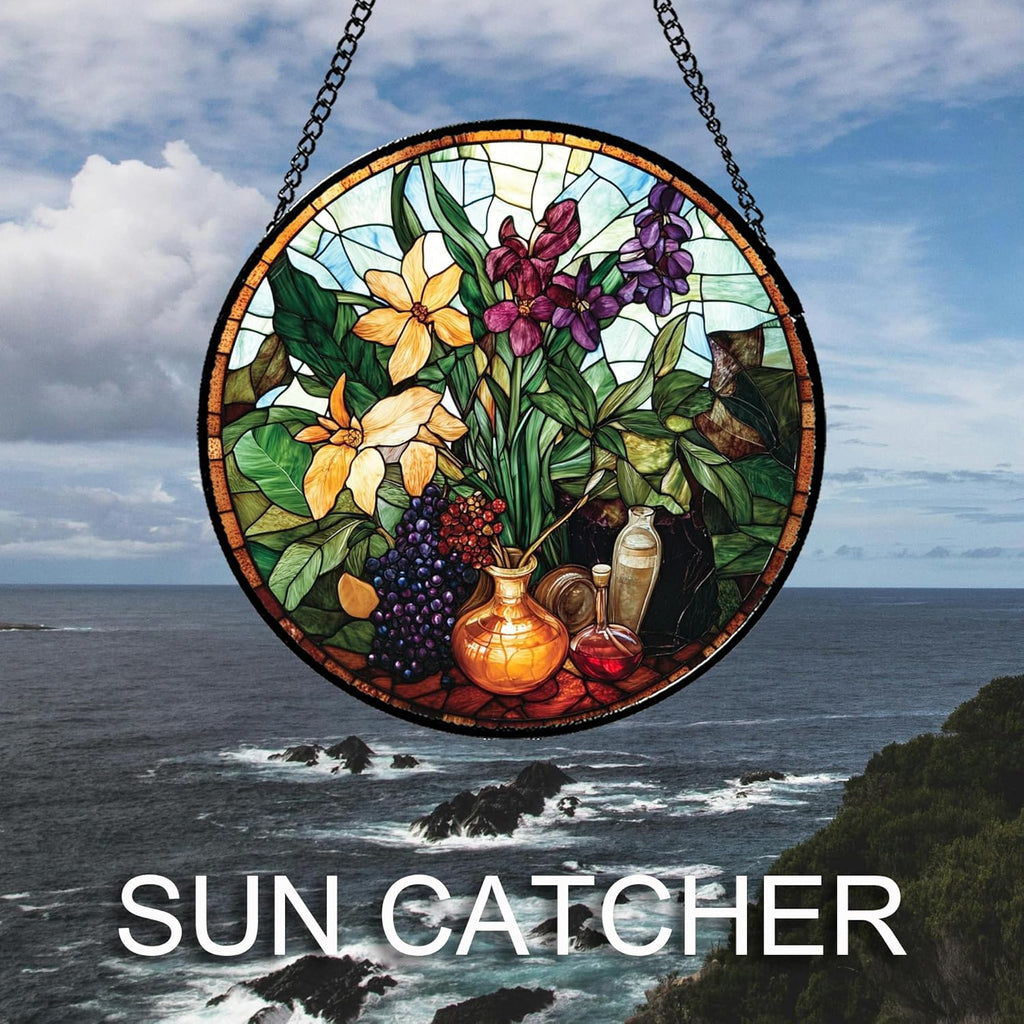 Stained Glass Window Hanging Berry Plant Purple Yellow Flowers in Vase 6.3" - Suncatcher Door Garden Sun Catcher Home Decor Birthday Christmas for Mom Men Woman Nana