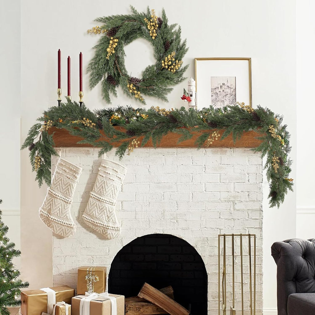SJL Realistic Winter Greenery Garland Faux Christmas Garland with Gold Berry Pine Needle Greenery Artificial Cedar Cypress Garlands for Fireplace Mantel Stairs Table Porch Holiday Christmas Decor