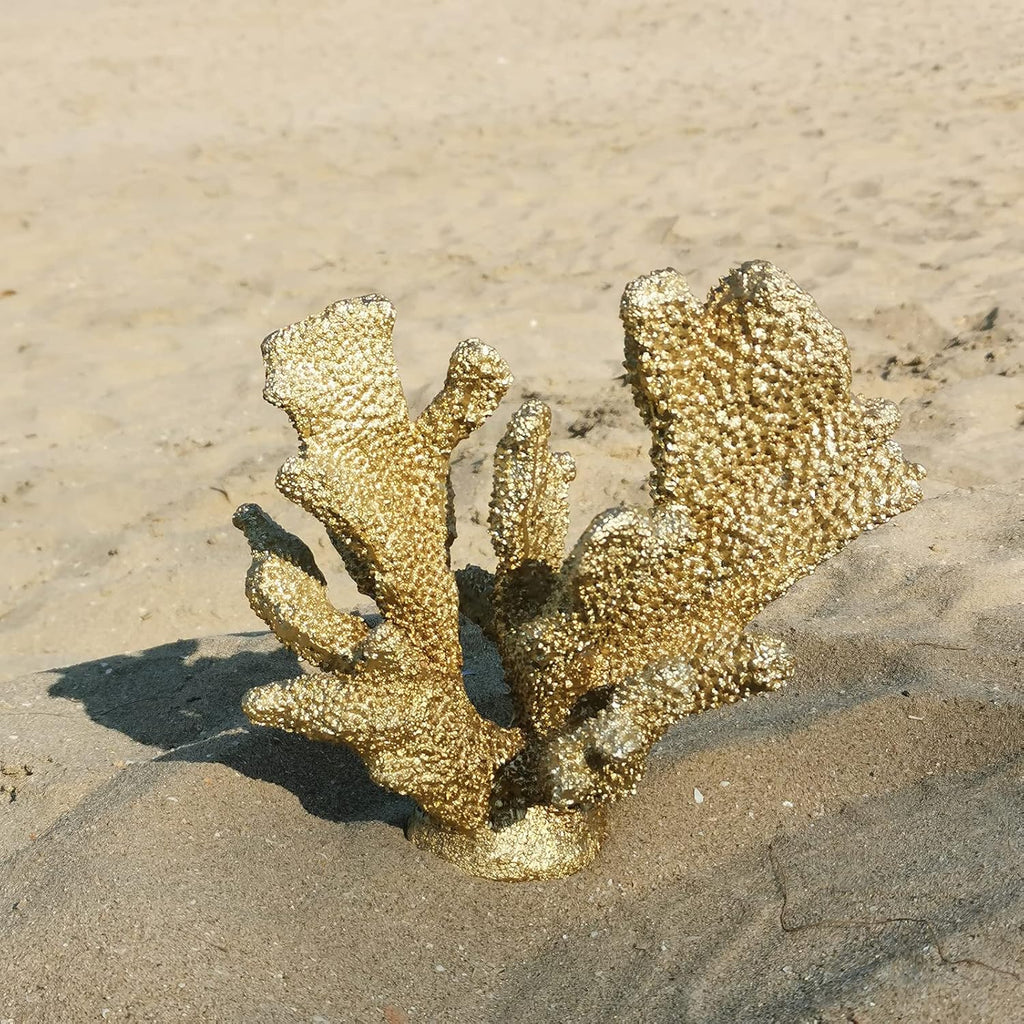 Gold Coral Decor Faux Artificial Coral Reef Resin Nautical Decoration Tabletop Home Living Room Decor (7.8in Tall)