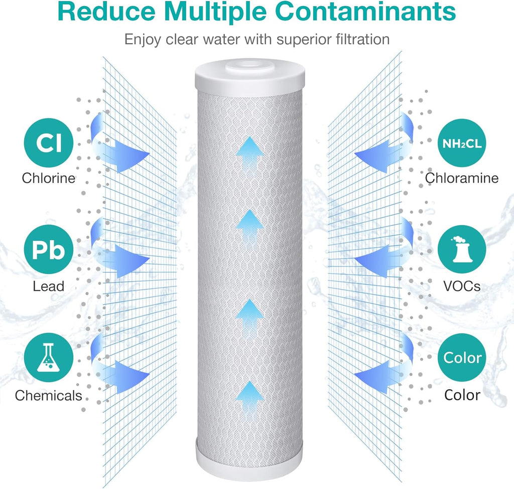 SimPure Whole House Water Filter Cartridges 5 Micron 20" x 4.5" CTO Activated Carbon Block, For DB20P, FC25B, CTO20BB, WHB20, 4 Pack