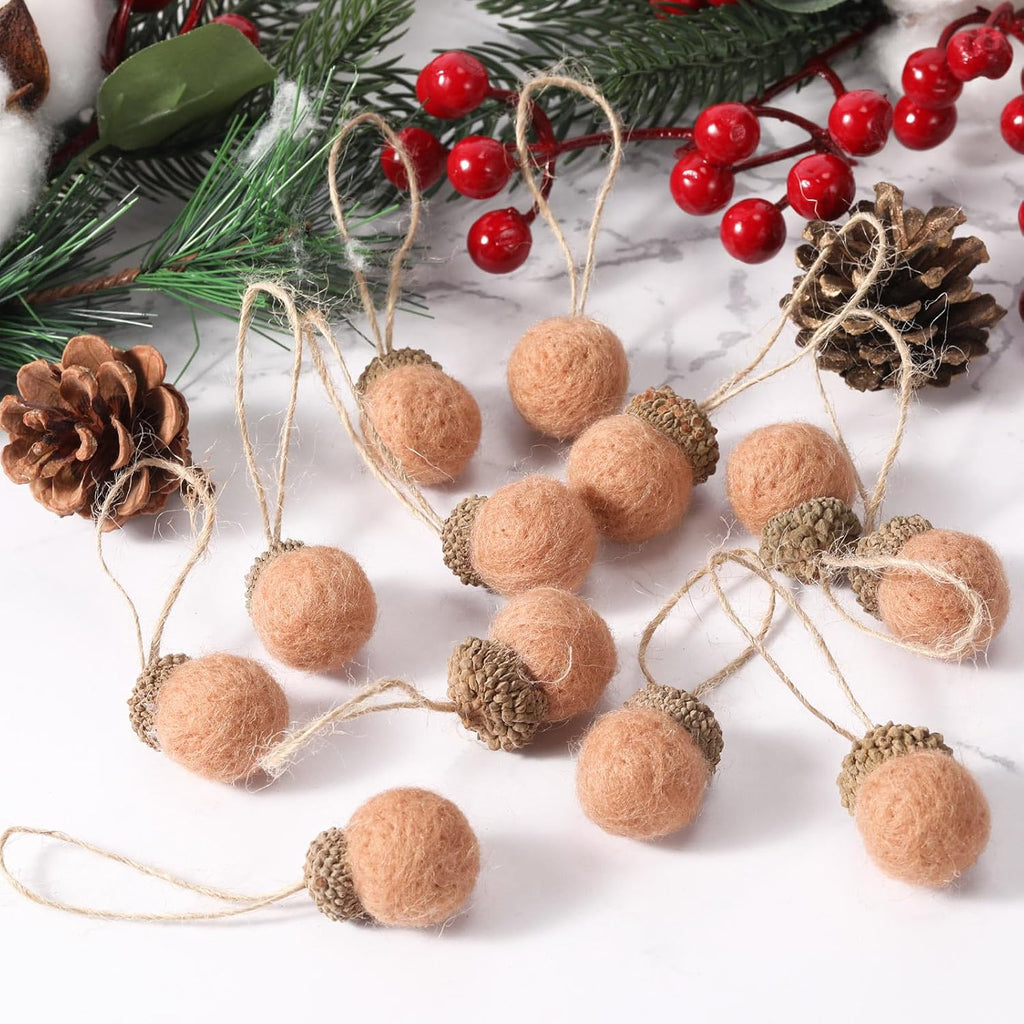 Boao 18 Pcs Felt Acorn Ornaments Christmas Thanksgiving Wool Pom Acorn Ball Decor Hanging Pine Cone Garland with 32.8 ft Rope for Fall Tree Woodland Farmhouse Mantel Wall Decor