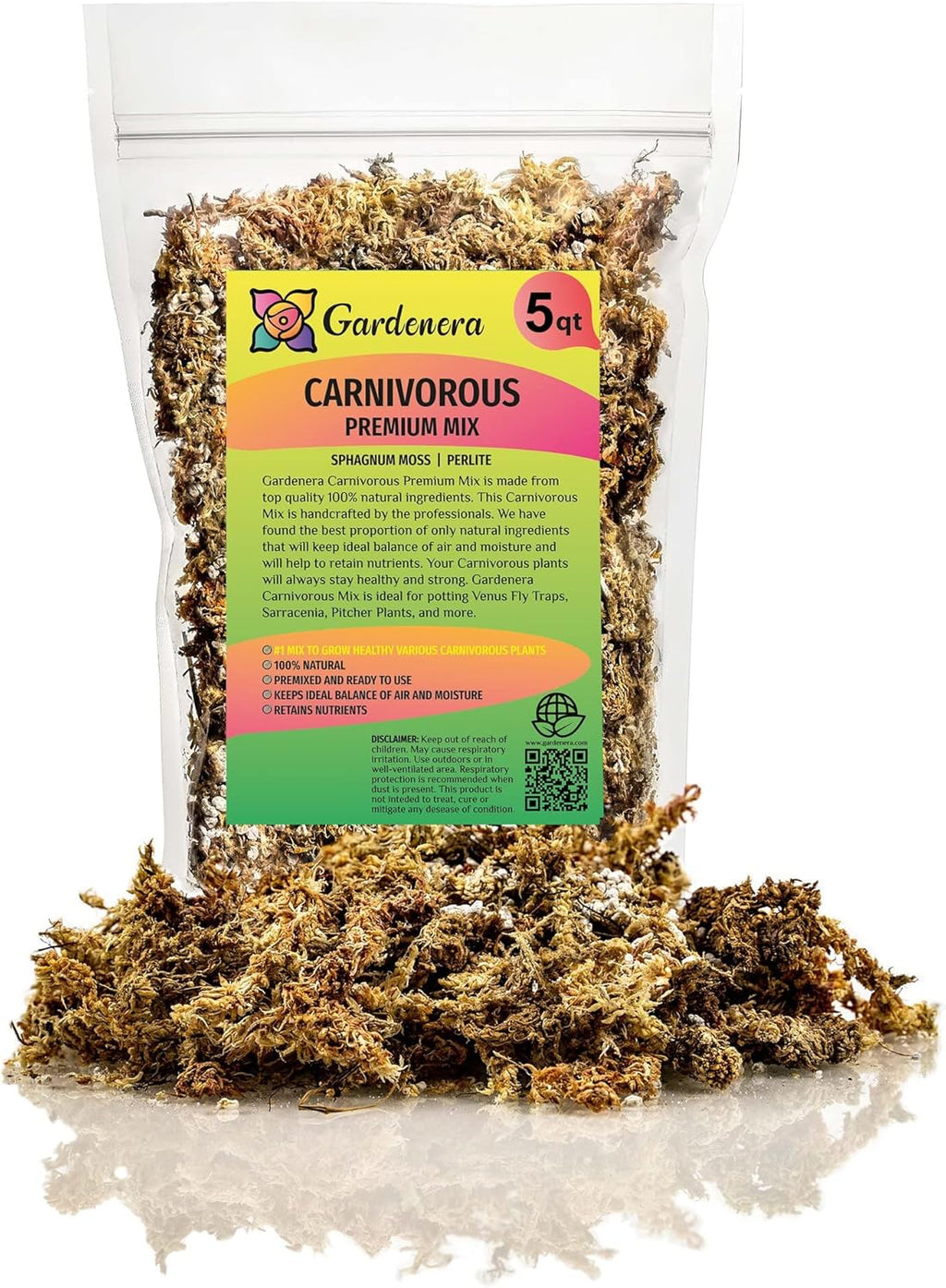 Gardenera Sphagnum Moss Potting Mix for Carnivorous Plants, Moss and Perlite Blend for Potting Venus Fly Traps, Sarracenia, Pitcher Plants - 75% Sphagnum Moss + 25% Perlite - Made in USA - 5 Quart