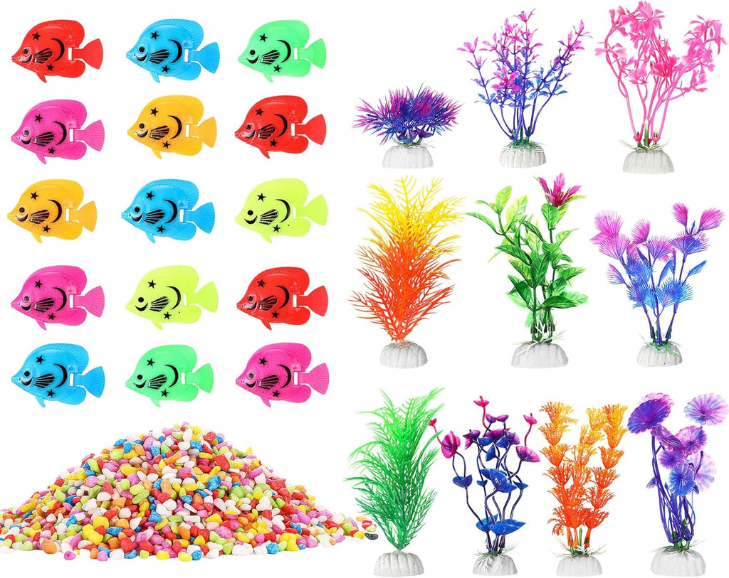 Jexine Fish Tank Accessories, 60 Pcs Floating Fake Fishes 10 Pcs Artificial Plants and 2.75 Pounds Rocks for Household Office Aquarium Tank Decorations