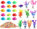 Jexine Fish Tank Accessories, 60 Pcs Floating Fake Fishes 10 Pcs Artificial Plants and 2.75 Pounds Rocks for Household Office Aquarium Tank Decorations