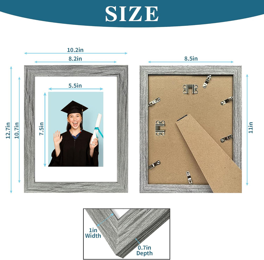 8.5 x 11 Picture Frame Set of 4, Made of Real Glass and Grey Certificate & Diploma Frame, 8.5 by 11 Photo for Wall or Tabletop - Display Picture 6x8 with Mat or 8.5x11 Without Mat