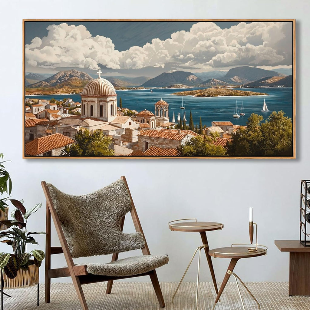 YDYSUNE Large Wall Art Framed Costal Wall Decor Retro Ocean Canvas Decor Sailboat Painting Village Seascape Artwork for Living Room Bedroom Dining Decoration Size 29x58 Inches