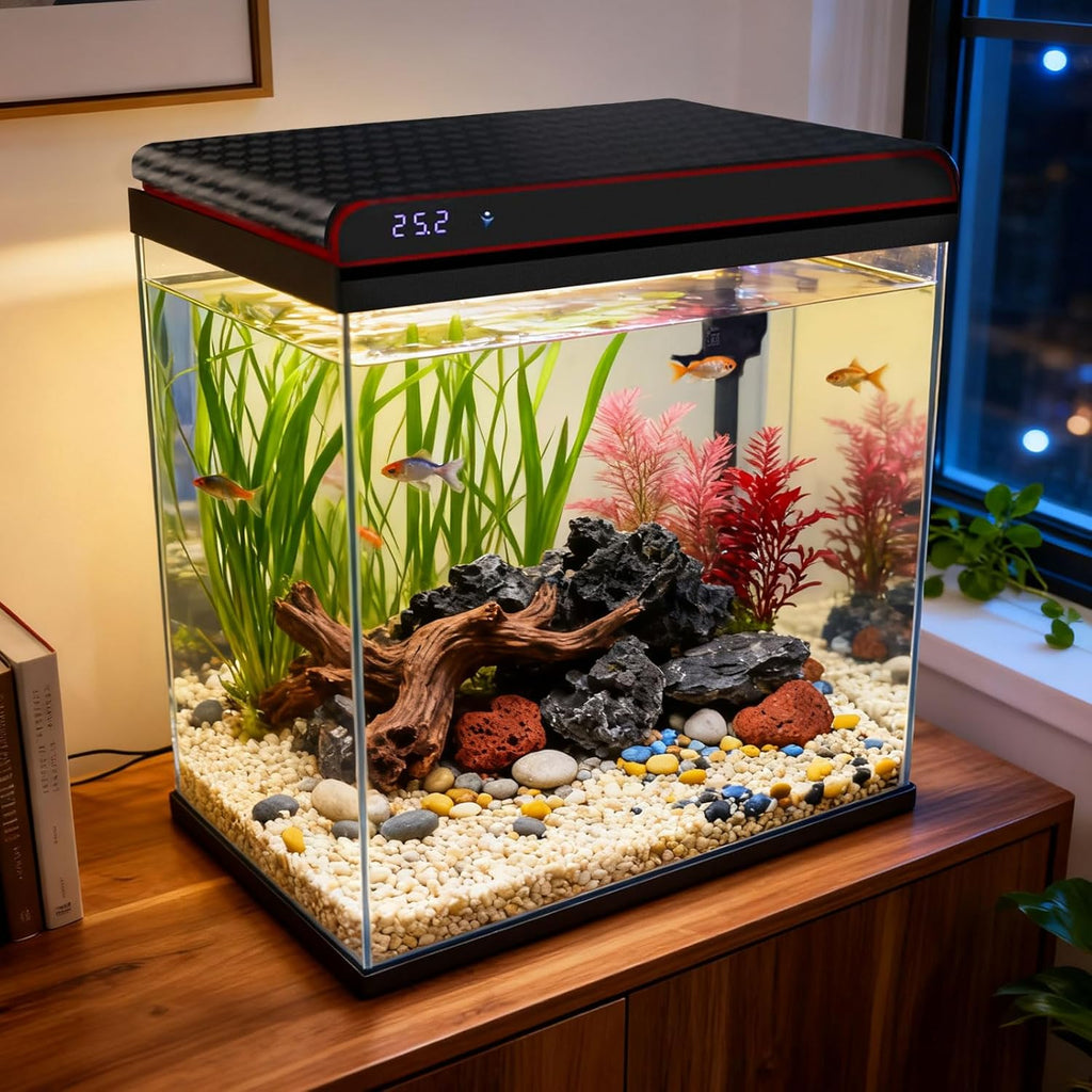 Coospider 10 Gallon Glass Fish Tank, Aquarium Starter Kit - Self-Cleaning with 3-Color LED Lights, Ultra-Quiet Pump & Filter, Smart Temperature Monitoring for Betta, Shrimp, Gift Idea