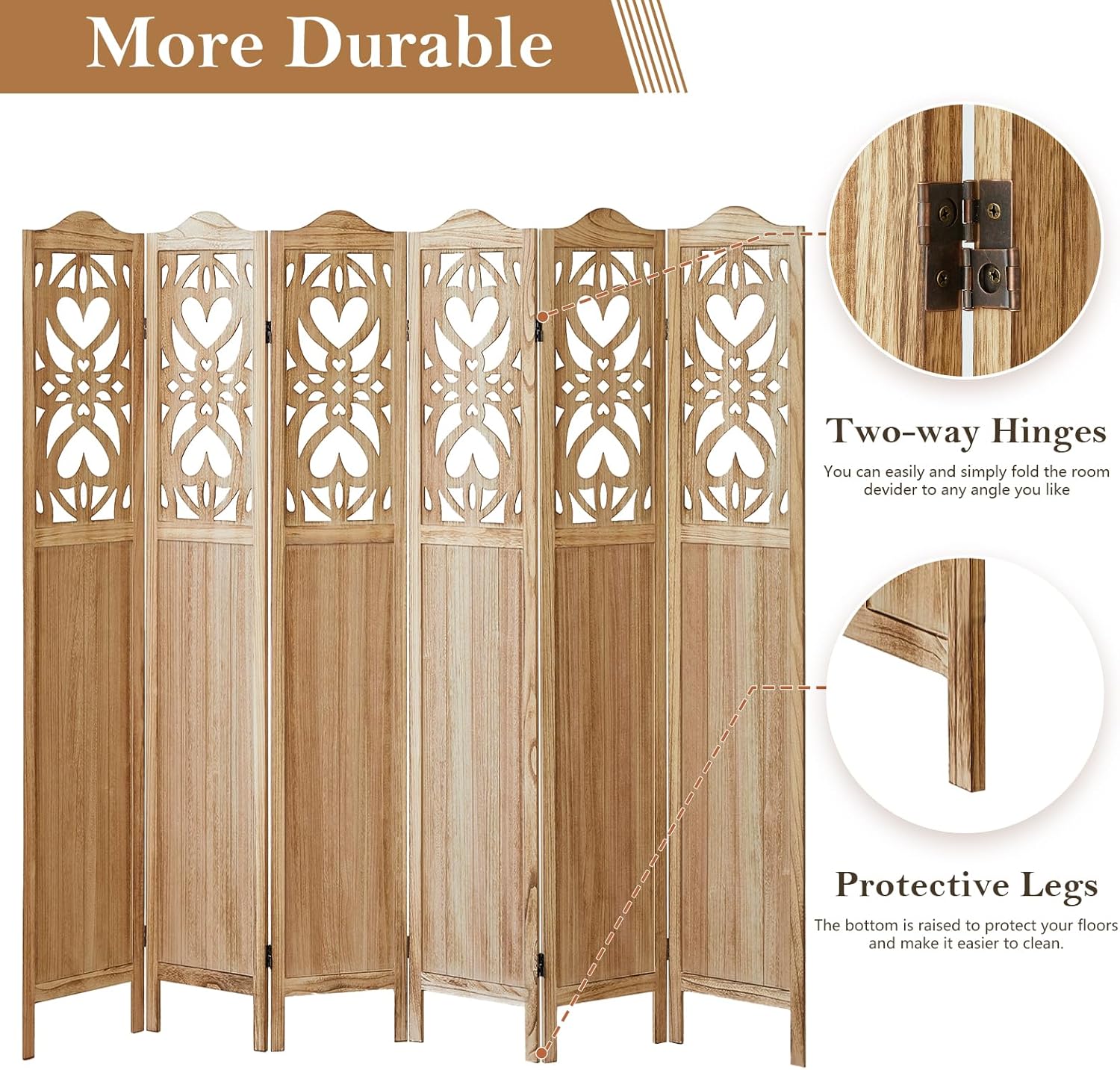 Wood Room Divider 6 Panel 5.6Ft Carved Room Divider and Folding Privacy Screen, Minimalism Portable Partition Screen Divider for Room Separation, Room Decoration for Home Office - Natural