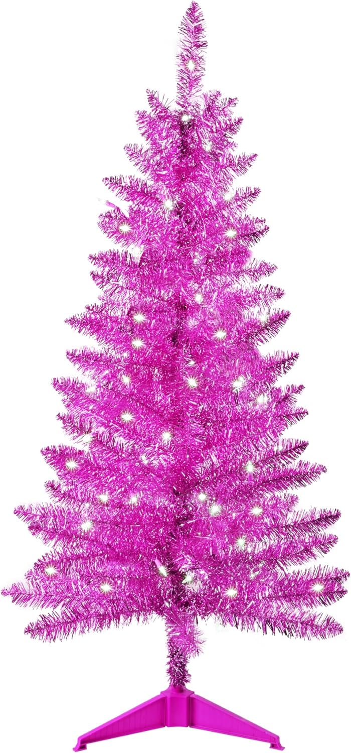 4ft Artificial Full Pink Christmas Tree with Separate Lights, Not Pre-lit Mini Pink Tinsel Pine Christmas Tree, 50 Lights, Small Xmas Tree for Home, Office, Party Decoration, Indoor