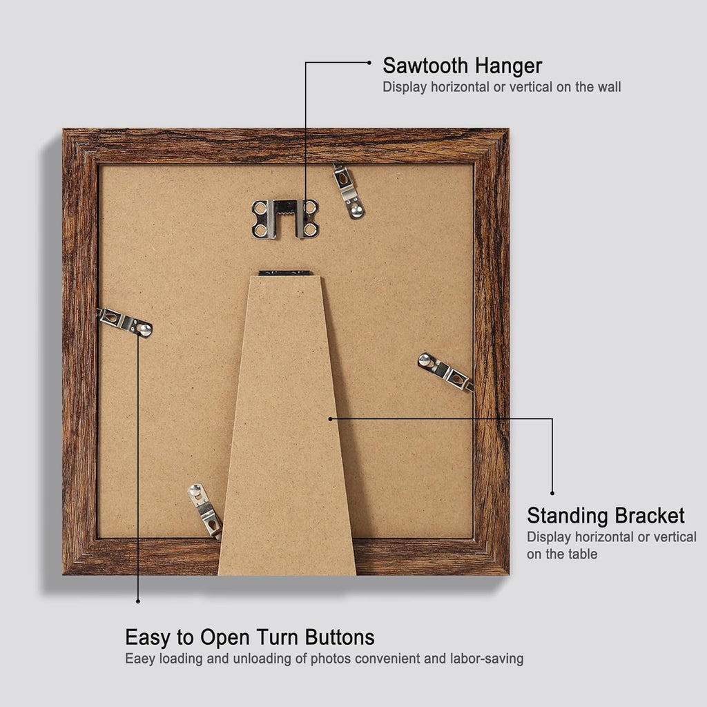 8x8 Picture Frames Set of 4, Made of Glass and Rustic Brown Wooden Frame - Display Picture 6x6 with Mat or 8 x 8 Without Mat, 8 by 8 Photo for Wall or Tabletop