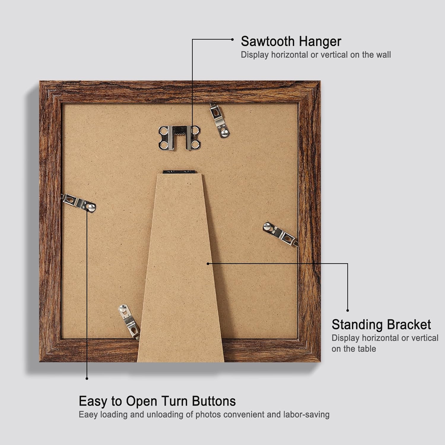 8x8 Picture Frames Set of 4, Made of Glass and Rustic Brown Wooden Frame - Display Picture 6x6 with Mat or 8 x 8 Without Mat, 8 by 8 Photo for Wall or Tabletop