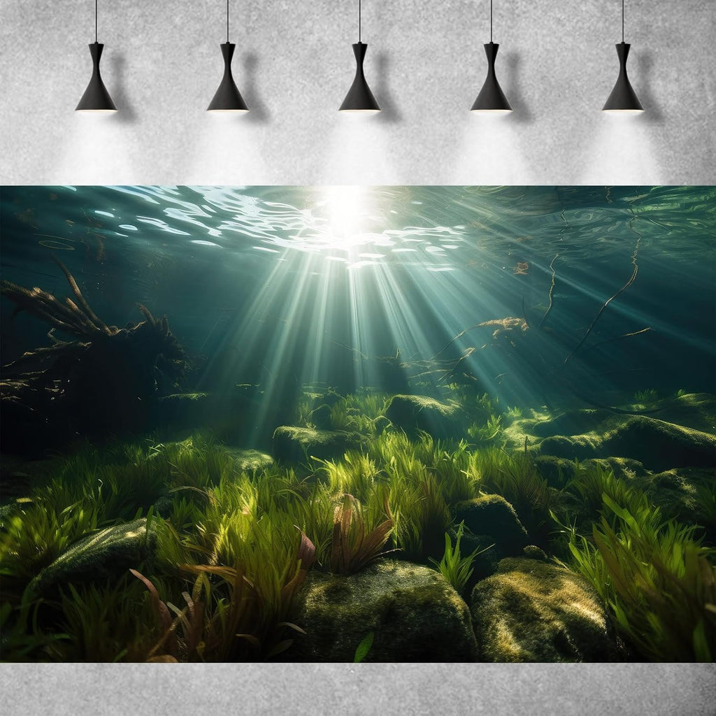 Underwater Aquarium Background Under The Sea Aquatic Grass with Sunbeams Terrarium Background Underwater Rocks with Moss Fish Tank Background Tranquil Natural Underwater Seascape Backdrop 72x16in