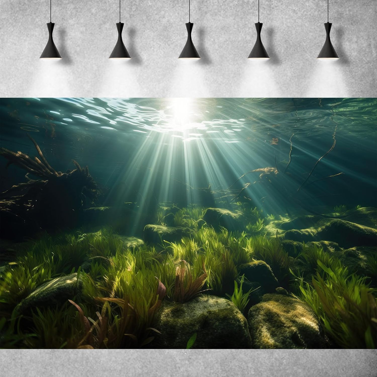 Underwater Aquarium Background Under The Sea Aquatic Grass with Sunbeams Terrarium Background Underwater Rocks with Moss Fish Tank Background Tranquil Natural Underwater Seascape Backdrop 48x24in