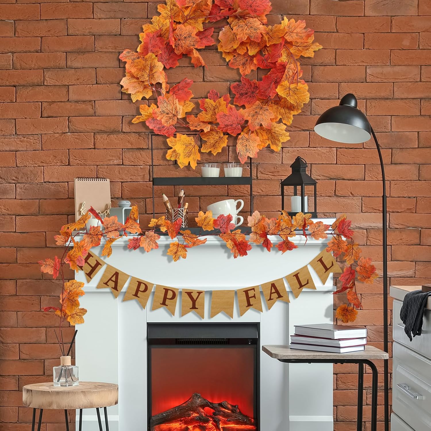 Fall Leaves Garland Maple Leaf, 2 Pack Fake Hanging Vines for Bedroom Wedding Thanksgiving Christmas Decorations, Fireplace Wall Outdoor Front Porch Autumn Decor-Orange