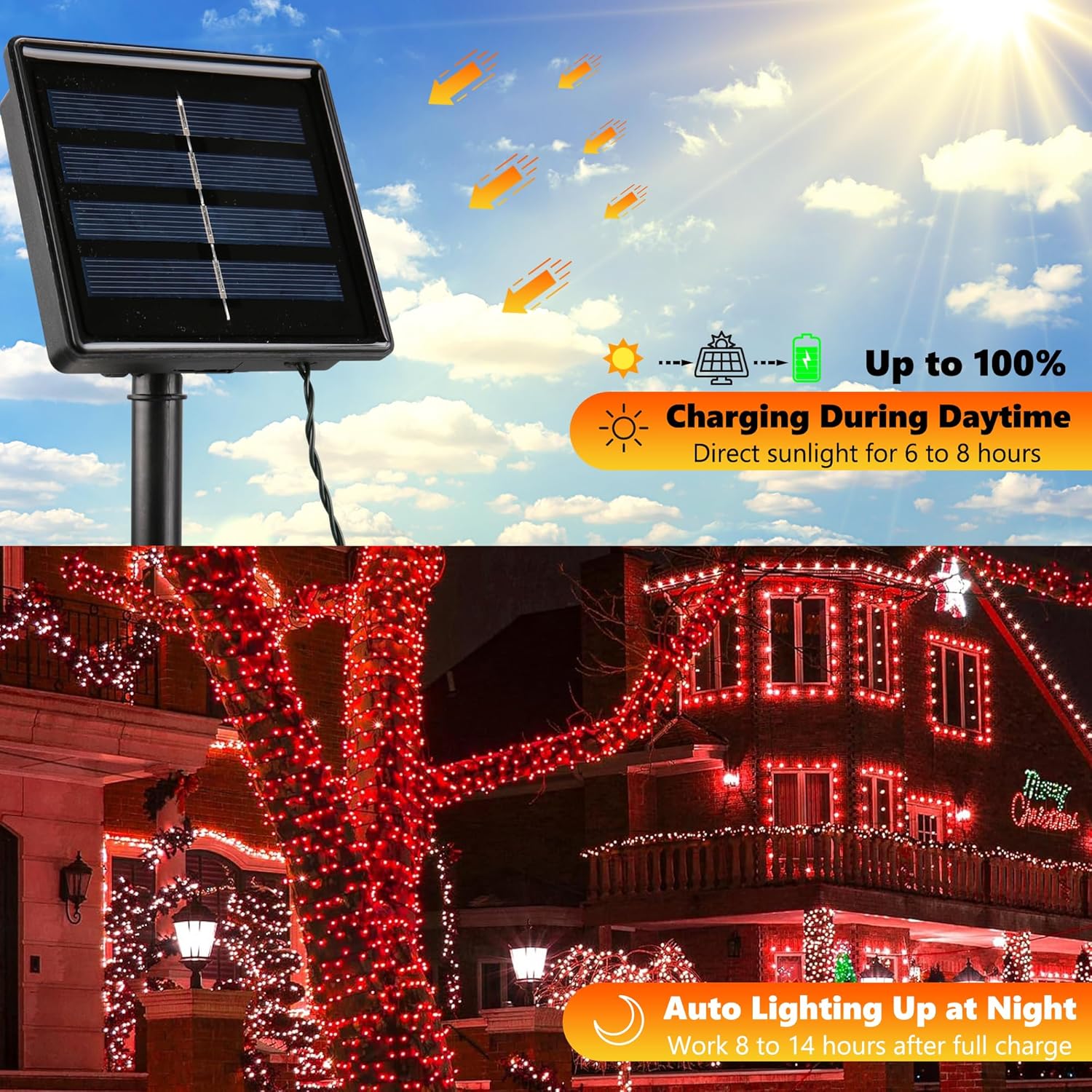 Joomer Red Solar Christmas Lights, 2 Pack Total 144FT 400 LED 8 Modes Waterproof Solar Christmas Lights Outdoor for Garden Yard Patio Christmas Decoration