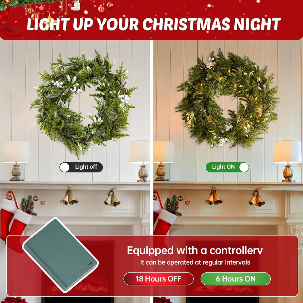 2Pack 6FT Christmas Garland – Artificial Greenery Olive Garland with White Berries, Pinecones & 20 Warm LED Timer Lights – Holiday Garland for Home, Wedding, Party Decorations