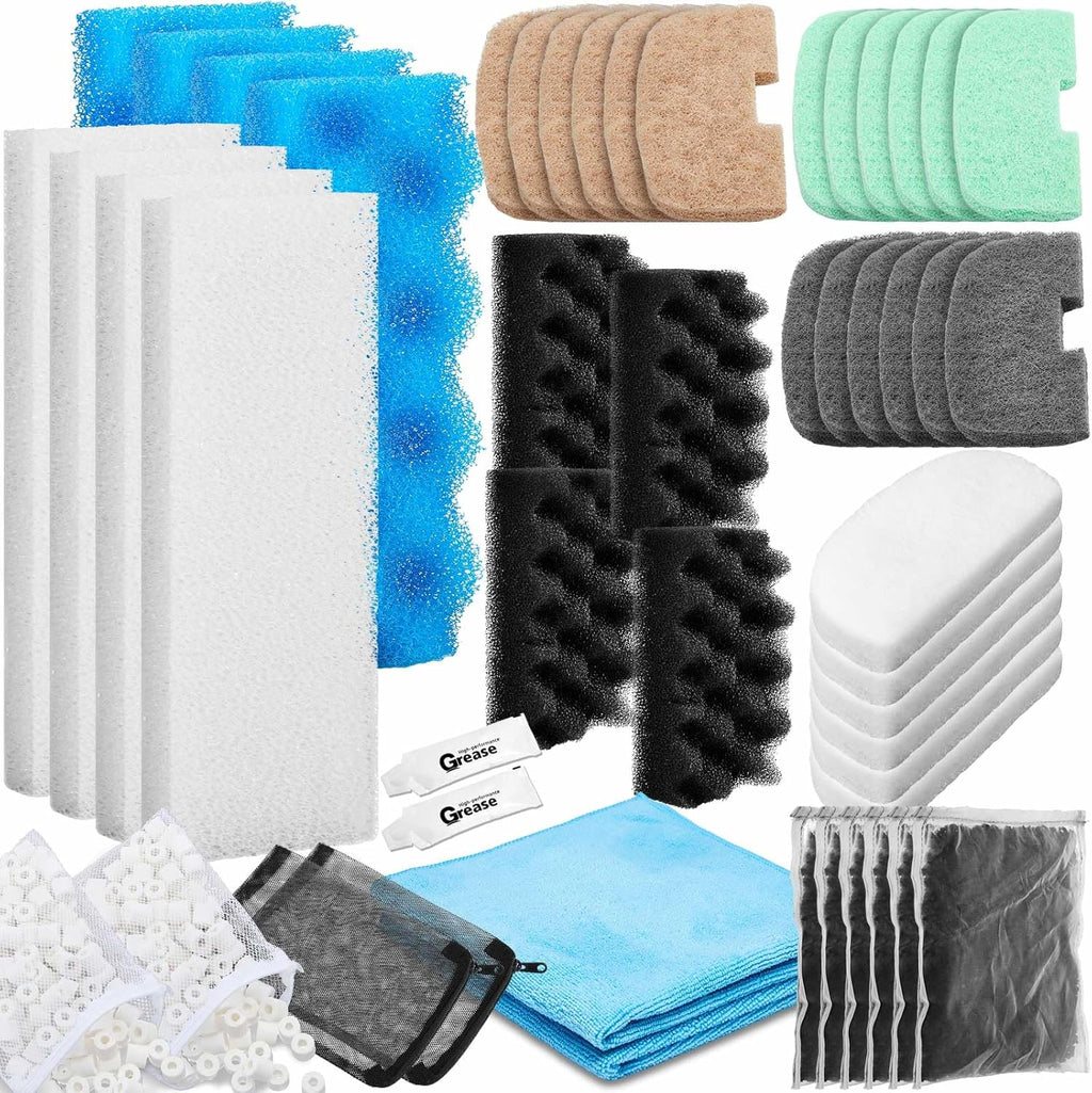 50 Pcs Compatible with Fluval 206/207 Filter Media Canister Filter Maintenance & Replacement Kit, Bio-Based Foam, Activated Carbon, Ceramic Rings, Microfiber Rags, Mesh Bags, Silicone Lube