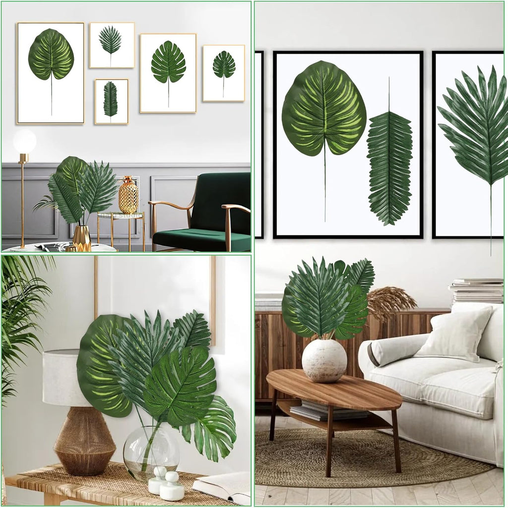 60 Pieces 4 Kinds Artificial Palm Leaves with Faux Stems Tropical Plant Leaves Monstera Safari Leaves for Hawaiian Luau Party Jungle Beach Table Leave Decorations
