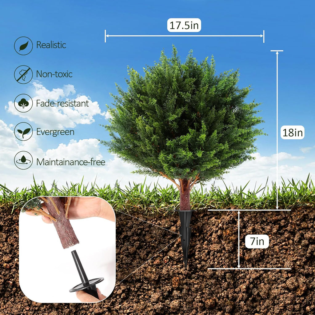 LadyRosian Artificial Cypress Topiary Tree, 25 Inch 2 Set Outdoor Faux Cypress Bush Plants,Indoor Ball Trees with Ground Spike, Fake Potted for Home Front Porch Decor Outside Garden