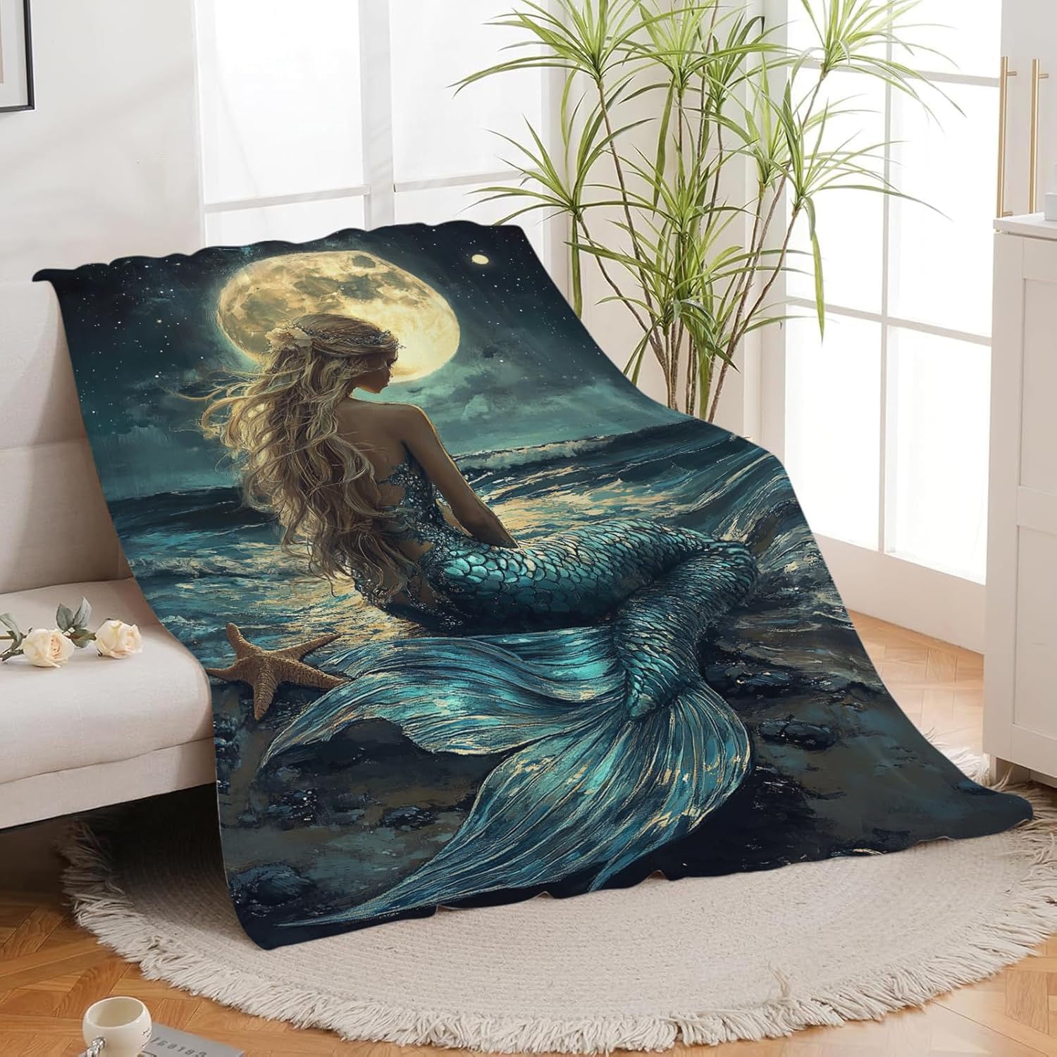 Mermaid Throw Blanket Beach Moon Night Mermaid Stuff Gifts for Kids Girls Boys Adults Women Men Soft Cozy Warm Plush Fluffy Fuzzy Fleece Blanket Decor 50''X60''