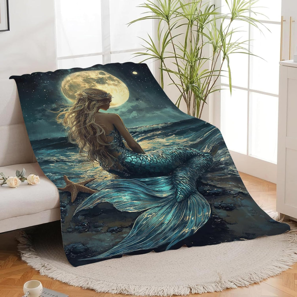 Mermaid Throw Blanket Beach Moon Night Mermaid Stuff Gifts for Kids Girls Boys Adults Women Men Soft Cozy Warm Plush Fluffy Fuzzy Fleece Blanket Decor 40''X50''