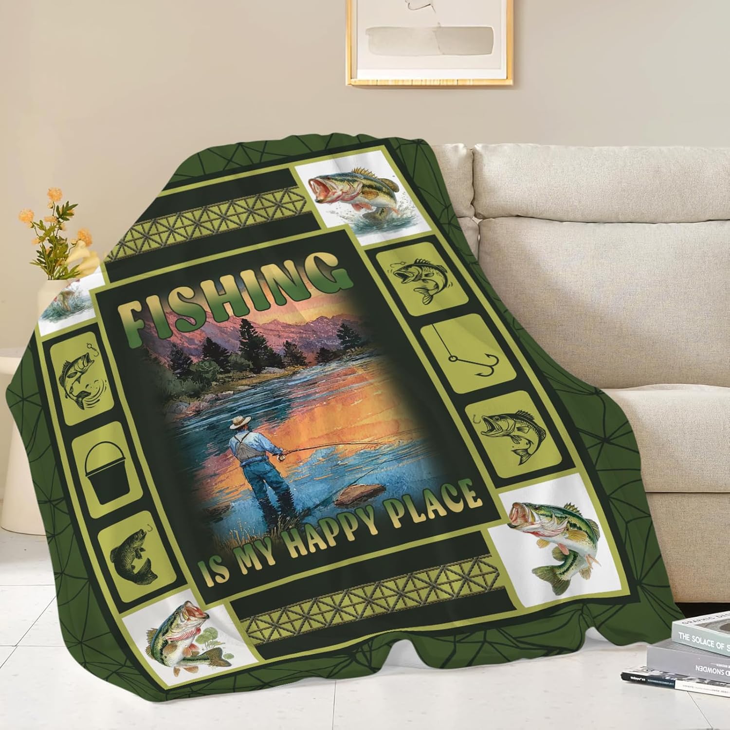 Fish Throw Blanket Fishing Stuff Gifts for Kids Girls Boys Adults Women Men Soft Cozy Warm Plush Fluffy Fuzzy Fleece Blanket Decor 60''X80''