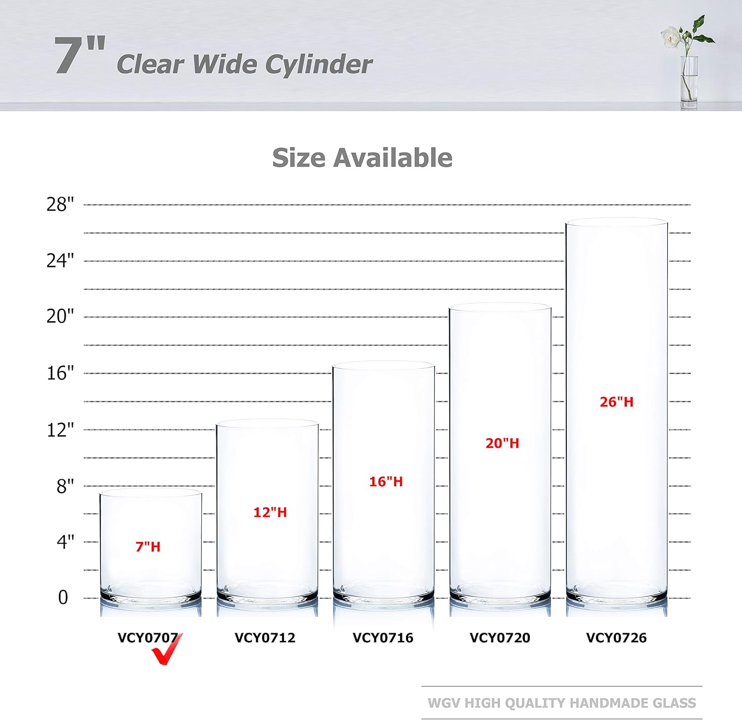 WGV Cylinder Vase Bulk, Width 7", Height 7", Clear Wide Large Diameter Flower Glassware, Floral Container, Planter Terrarium for Wedding Party Event, Home Accent Decor, 6 Pieces