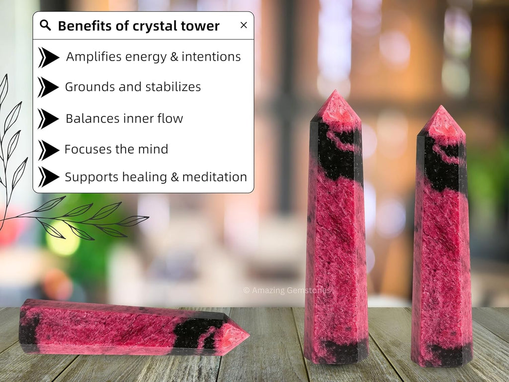 Amazing Gemstone Rhodonite Crystal Towers - Natural Healing Crystal Point Obelisk for Reiki Healing and Crystal Grid (3 Inch)