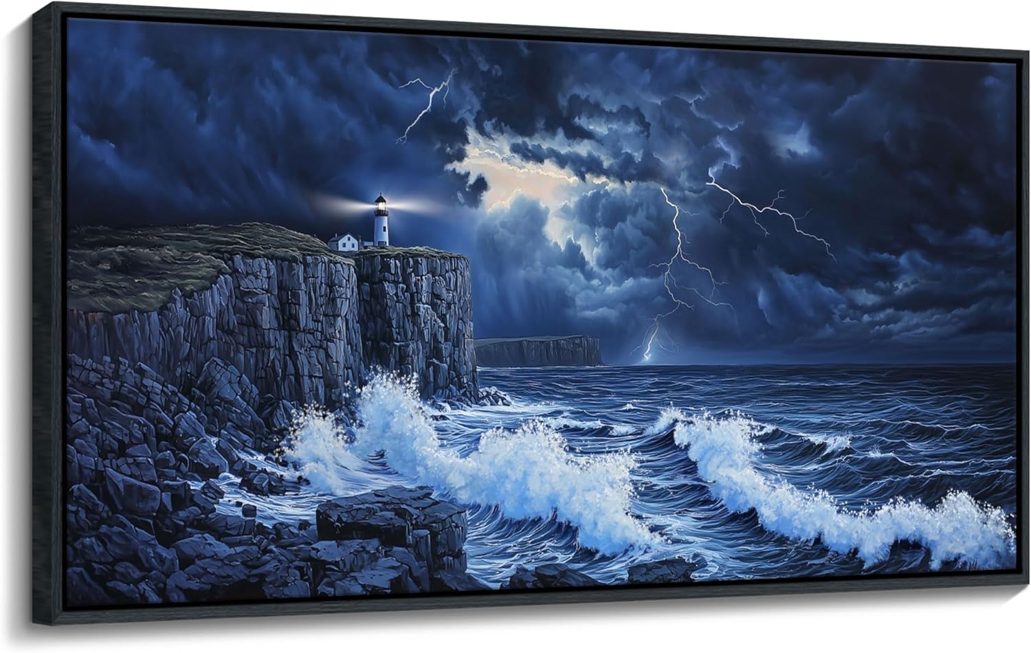 YDYSUNE Large Wall Decor- Ocean Canvas Painting Navy Blue Picture Framed Lighthouse Coastal Wall Art,Huge Waves Seascape Decoration Artwork for Living Room,Bedroom,office Size 29x58 Inches