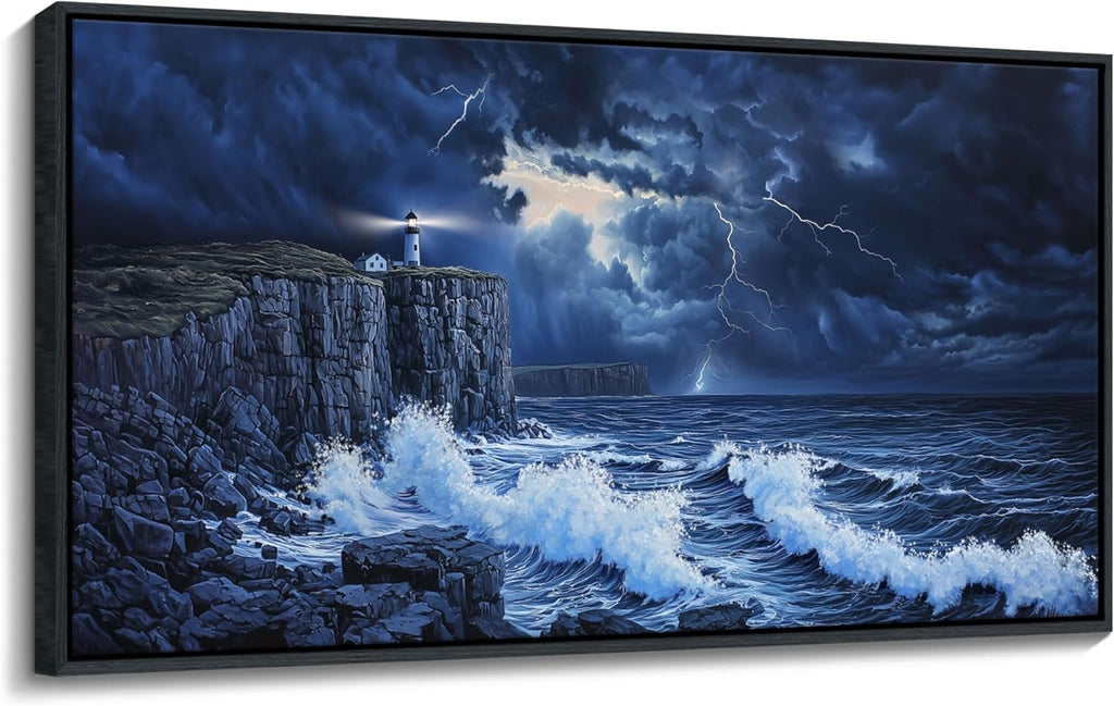 YDYSUNE Large Wall Decor- Ocean Canvas Painting Navy Blue Picture Framed Lighthouse Coastal Wall Art,Huge Waves Seascape Artwork for Living Room,Bedroom,office Decoration