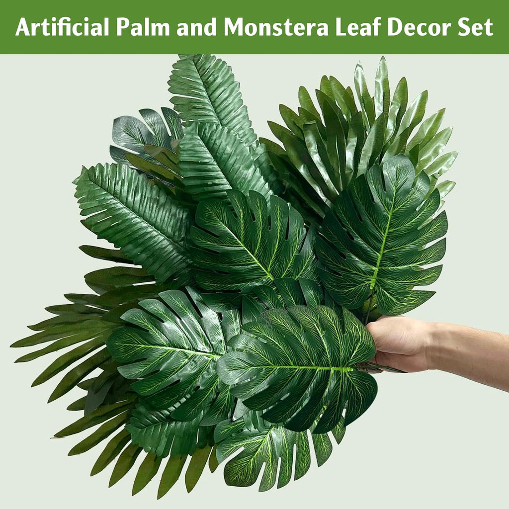 Palm Leaves, 108 Pcs 6 Kinds Artificial Palm Leaves Monstera Tropical Leaves Decor, Green Leaves for Jungle Hawaiian Luau Safari Party Table Wedding Birthday Theme Party Decorations