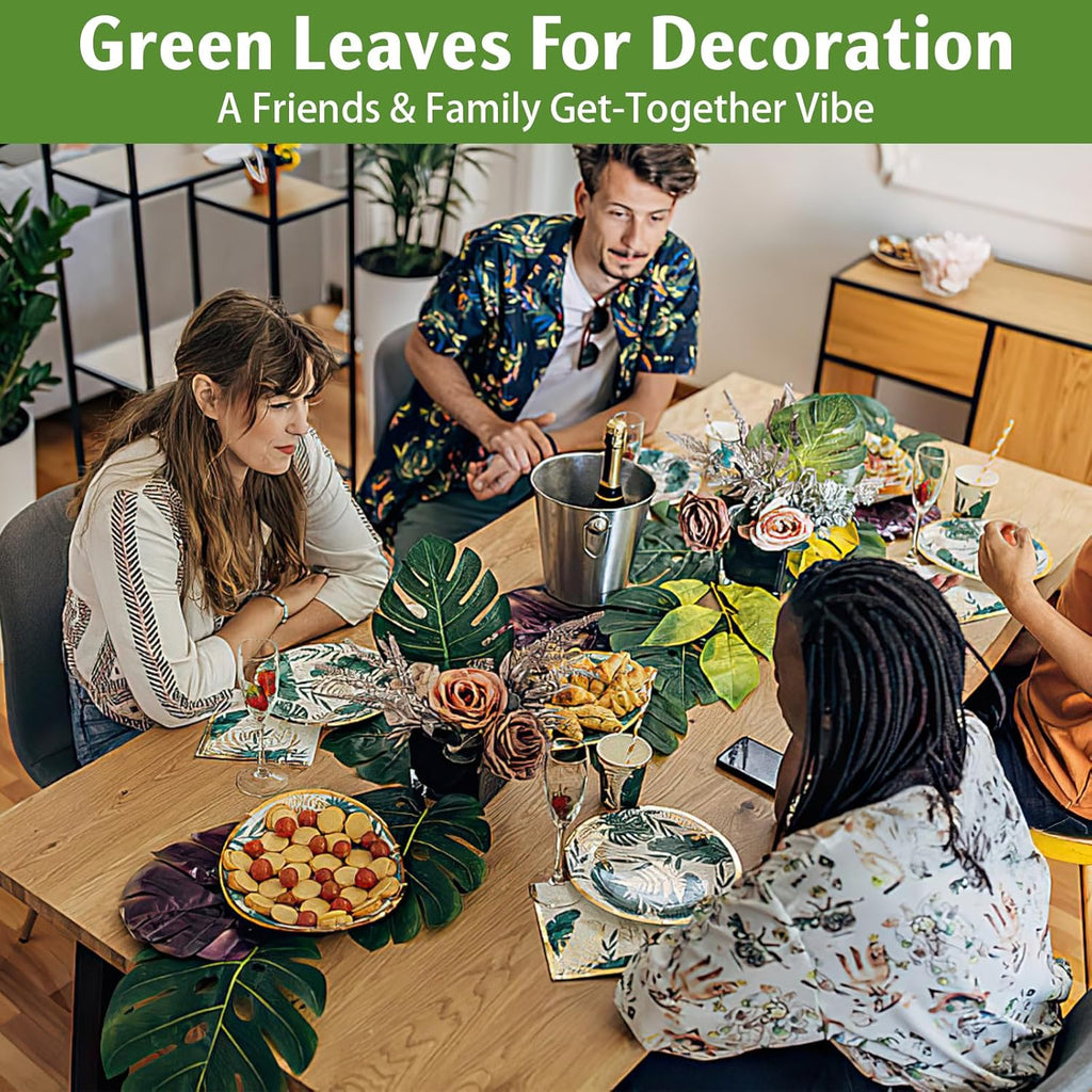 Palm Leaves, 108 Pcs 6 Kinds Artificial Palm Leaves Monstera Tropical Leaves Decor, Green Leaves for Jungle Hawaiian Luau Safari Party Table Wedding Birthday Theme Party Decorations