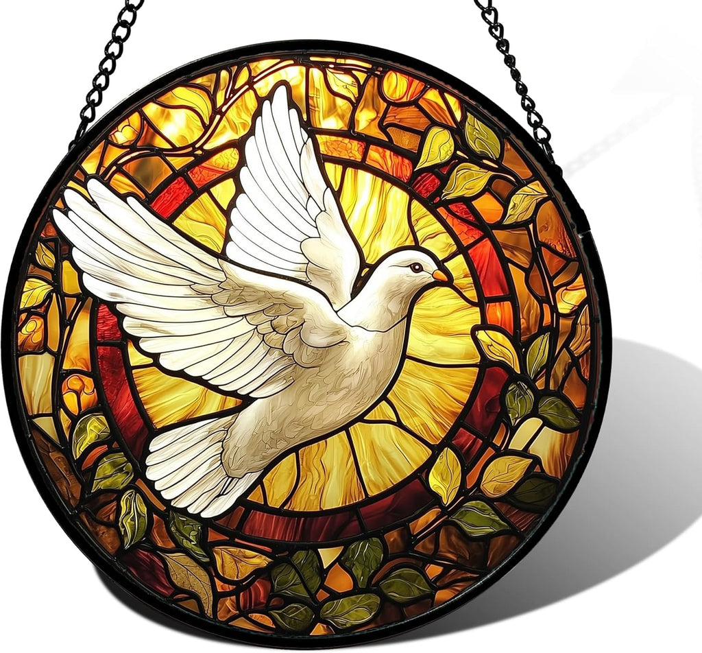 Stained Glass Window Hanging, Flying White Dove Sun Catchers Diamond Glass Panel Hangings Cute Birds Suncatcher Decor for Birthday for Women, Men, Wife, Aunt, and Mom 6.3 in