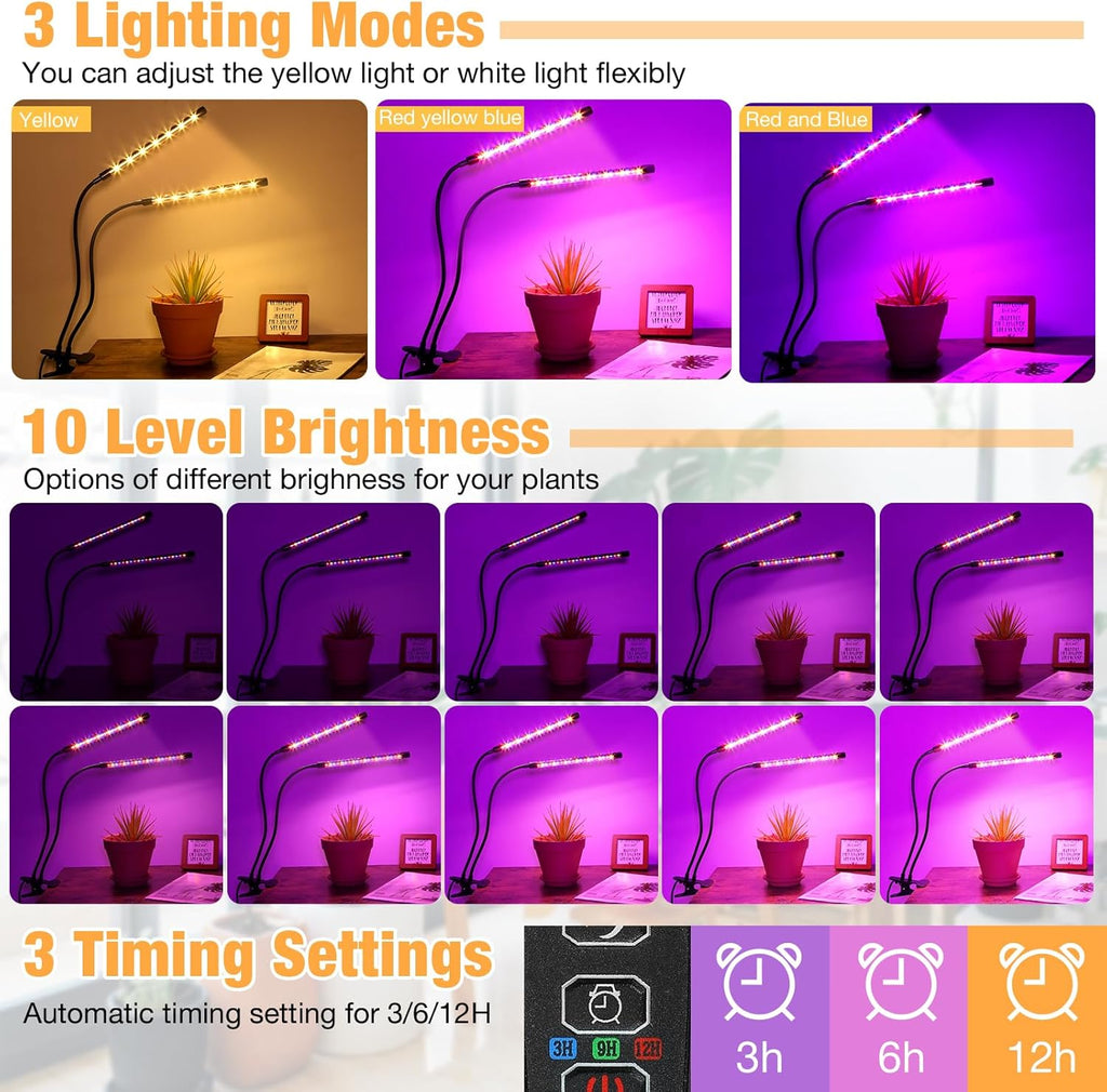 LED Grow Lights (2 Packs), 2 Heads Red Blue White Full Spectrum Plant Light with Clamp for Indoor Plants & Seed Starting, 10-Level Dimmable, Auto On Off, Timing 4 6 12Hrs
