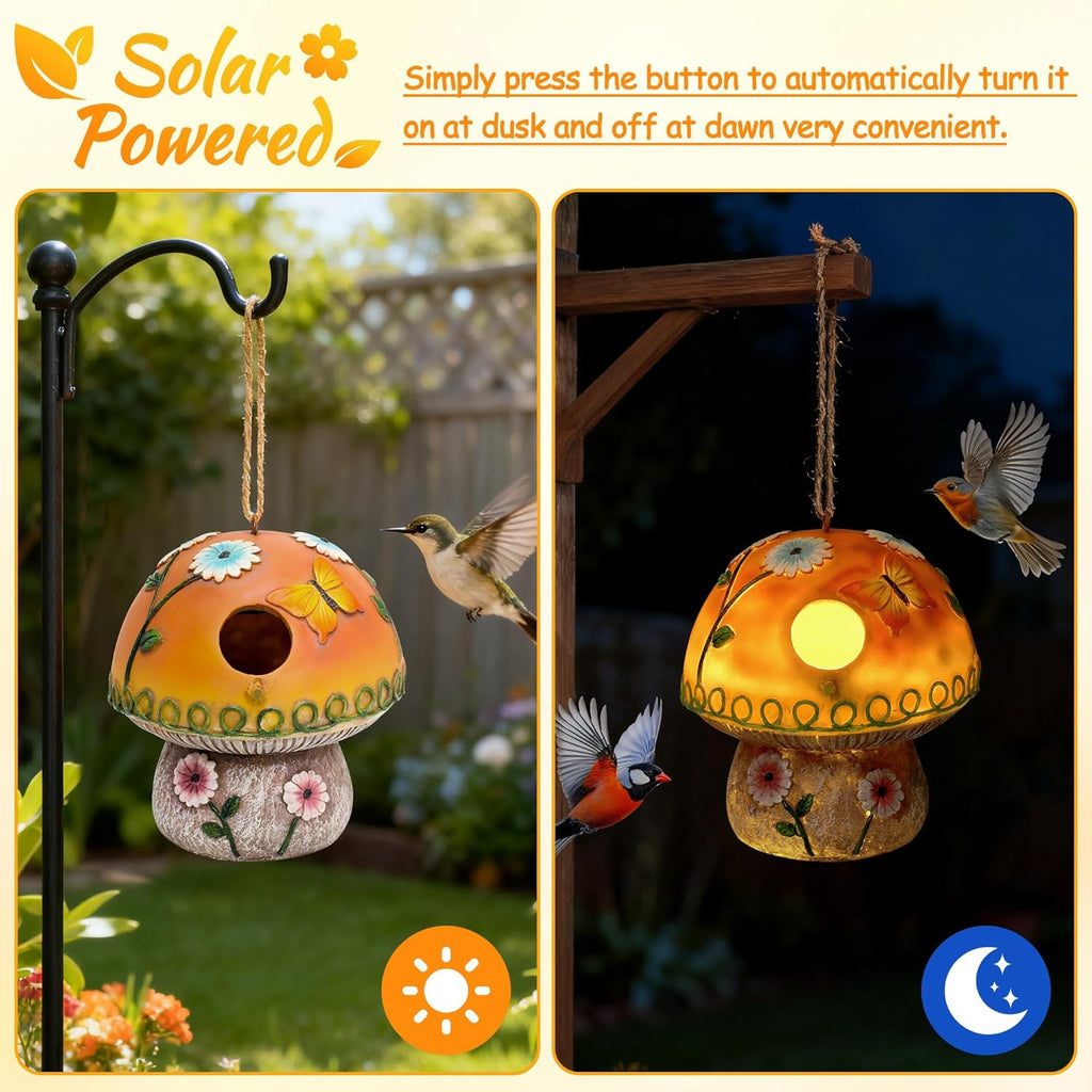 Solar Birdhouse for Outdoor Hanging, Mushroom Bird House with Lights Outside, Resin Garden Statue Decorative Nesting Box for Chick Blue Bird Hummingbird Woman Gifts for Yard Patio